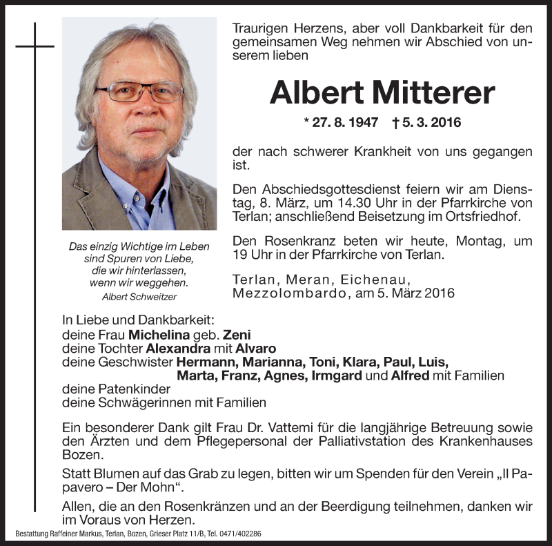  Traueranzeige für Albert Mitterer vom 07.03.2016 aus Dolomiten