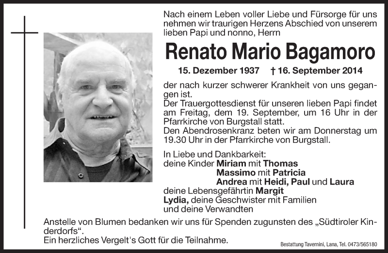  Traueranzeige für Renato Mario Bagamoro vom 18.09.2014 aus Dolomiten