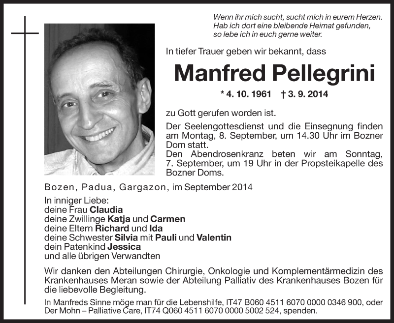  Traueranzeige für Manfred Pellegrini vom 05.09.2014 aus Dolomiten