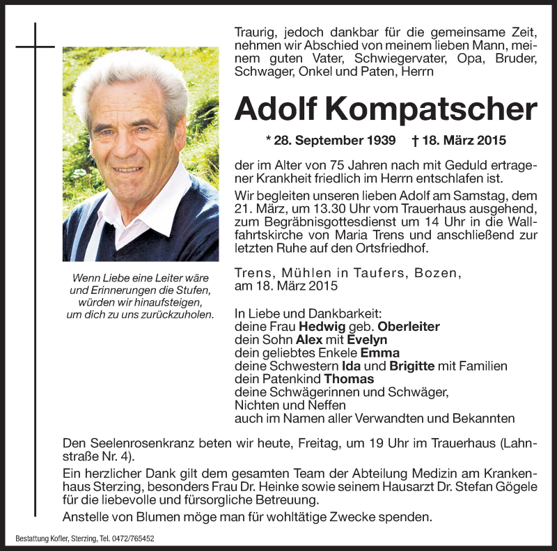  Traueranzeige für Adolf Kompatscher vom 20.03.2015 aus Dolomiten