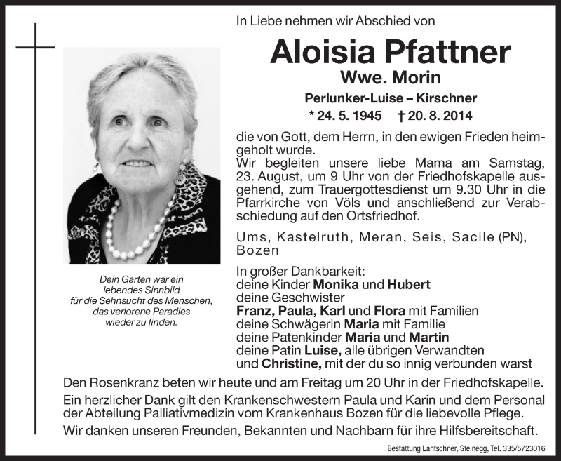  Traueranzeige für Aloisia Morin vom 21.08.2014 aus Dolomiten