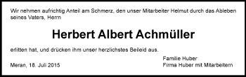 Traueranzeige von Herbert Albert Achmüller von Dolomiten