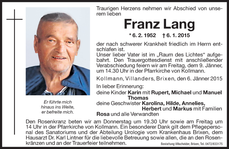  Traueranzeige für Franz Lang vom 08.01.2015 aus Dolomiten