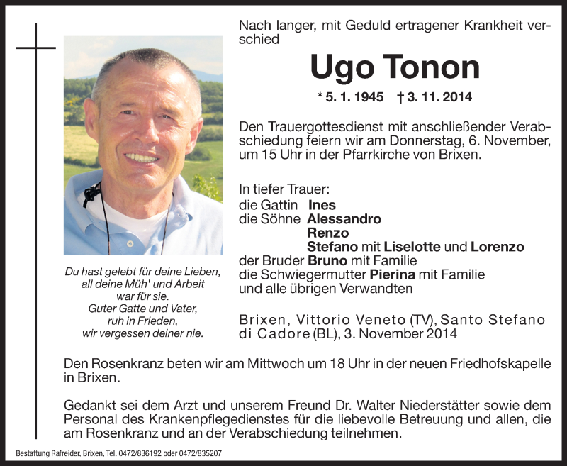  Traueranzeige für Ugo Tonon vom 05.11.2014 aus Dolomiten