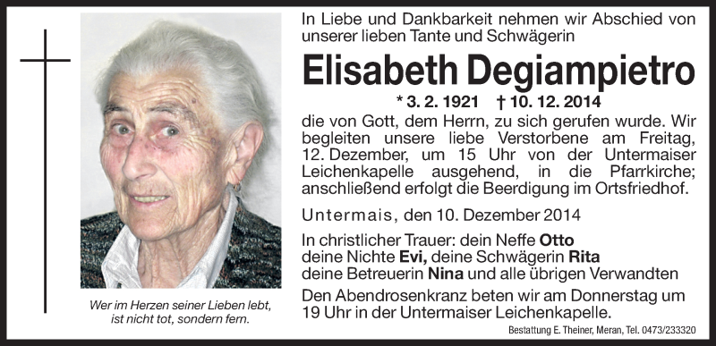  Traueranzeige für Elisabeth Degiampietro vom 11.12.2014 aus Dolomiten