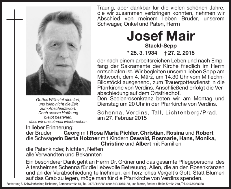  Traueranzeige für Josef Mair vom 02.03.2015 aus Dolomiten