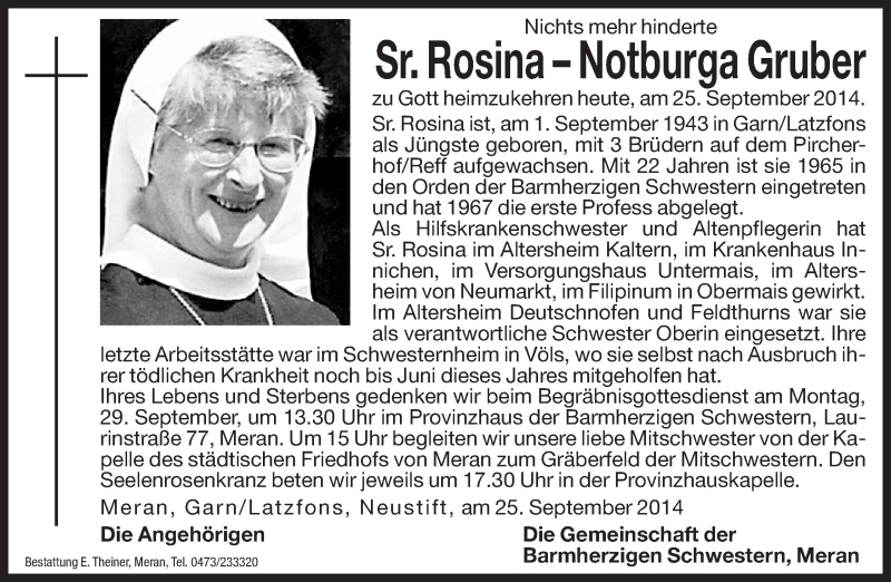  Traueranzeige für Rosina–Notburga Gruber vom 26.09.2014 aus Dolomiten