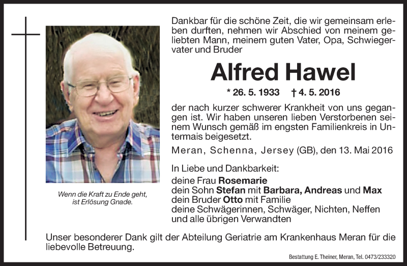  Traueranzeige für Alfred Hawel vom 13.05.2016 aus Dolomiten