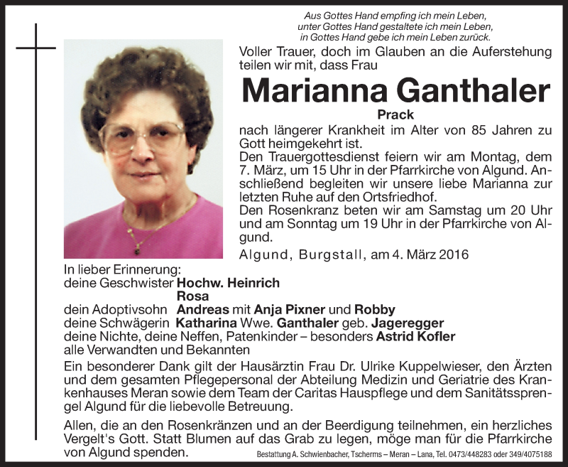  Traueranzeige für Marianna Ganthaler vom 05.03.2016 aus Dolomiten