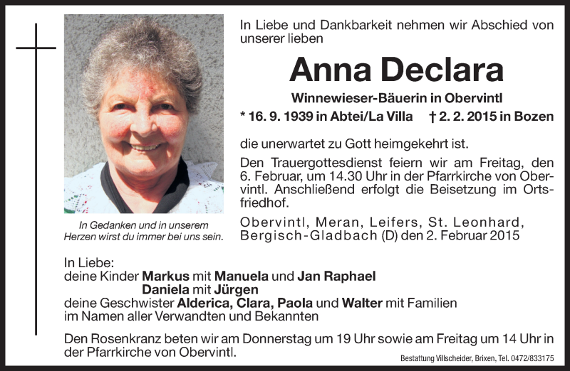  Traueranzeige für Anna Declara vom 04.02.2015 aus Dolomiten