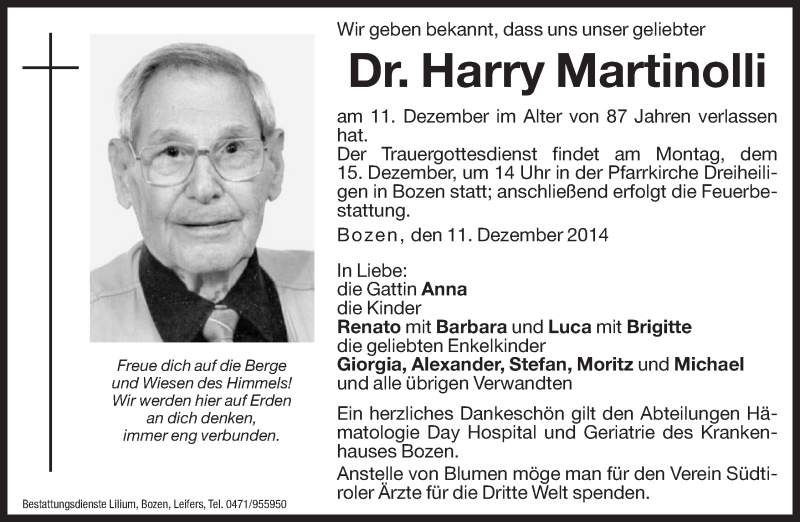  Traueranzeige für Harry Martinolli vom 13.12.2014 aus Dolomiten