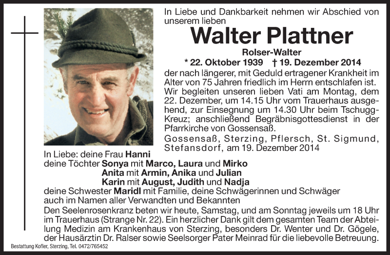  Traueranzeige für Walter Plattner vom 20.12.2014 aus Dolomiten