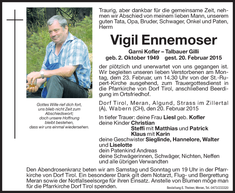  Traueranzeige für Vigil Ennemoser vom 21.02.2015 aus Dolomiten