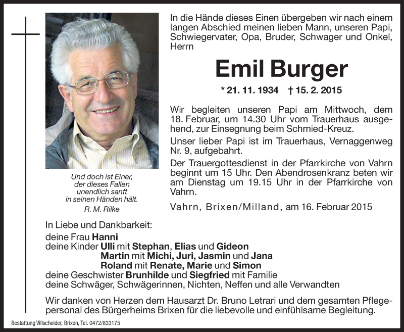  Traueranzeige für Emil Burger vom 17.02.2015 aus Dolomiten