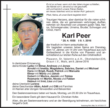 Traueranzeige von Karl Peer von Dolomiten