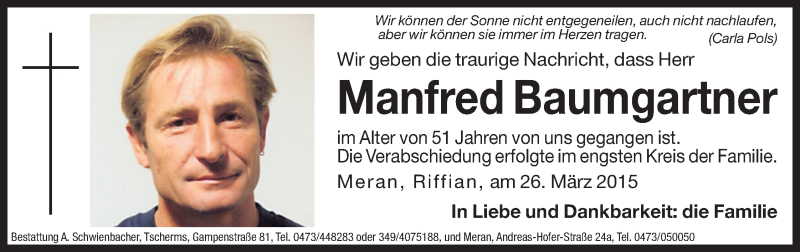  Traueranzeige für Manfred Baumgartner vom 27.03.2015 aus Dolomiten