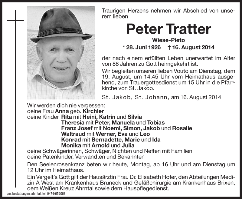  Traueranzeige für Peter Tratter vom 18.08.2014 aus Dolomiten