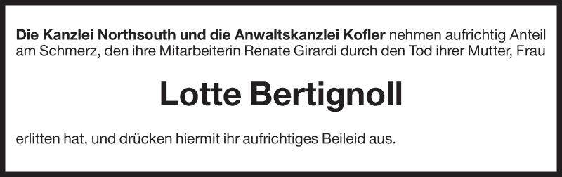  Traueranzeige für Lotte Bertignoll vom 11.02.2015 aus Dolomiten