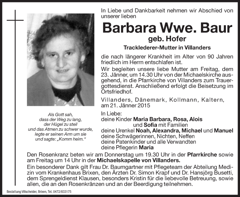  Traueranzeige für Barbara Baur vom 22.01.2015 aus Dolomiten