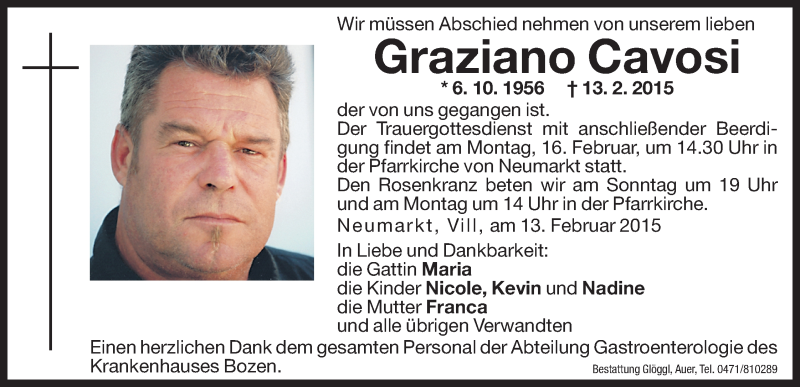  Traueranzeige für Graziano Cavosi vom 14.02.2015 aus Dolomiten