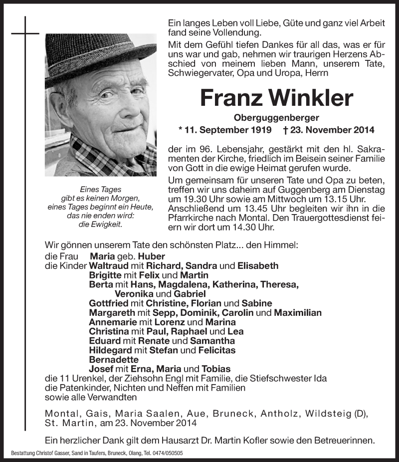  Traueranzeige für Franz Winkler vom 25.11.2014 aus Dolomiten