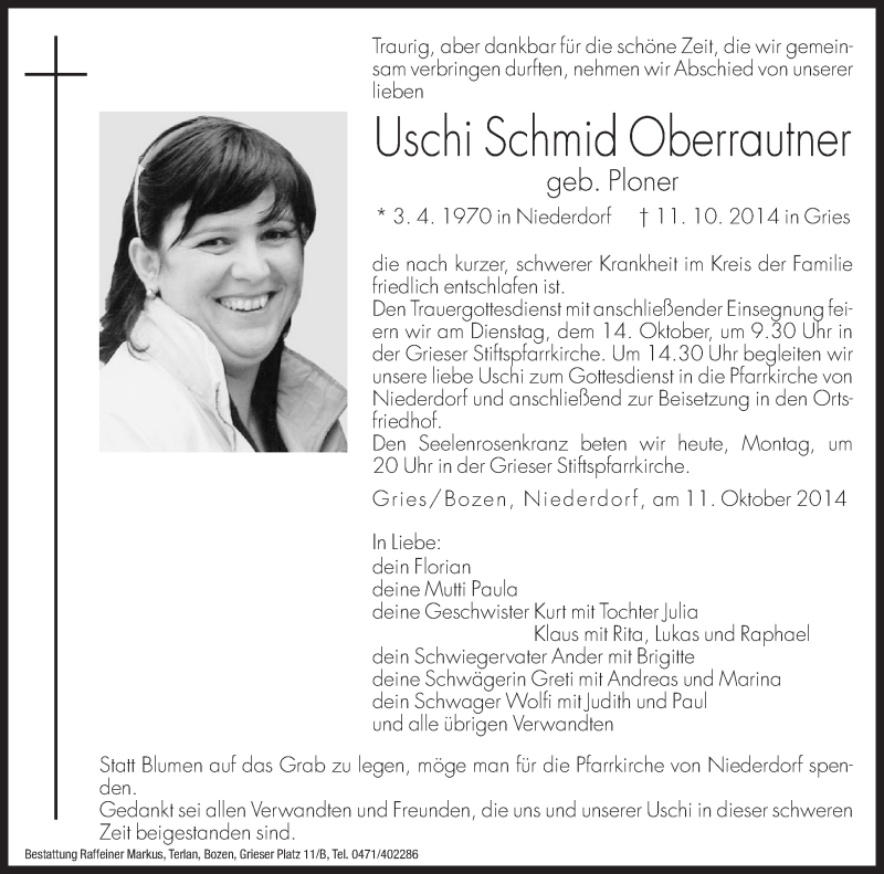  Traueranzeige für Uschi Schmid Oberrautner vom 13.10.2014 aus Dolomiten