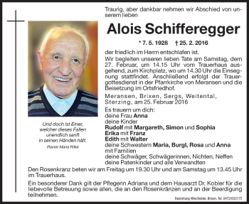Traueranzeige von Alois Schifferegger von Dolomiten
