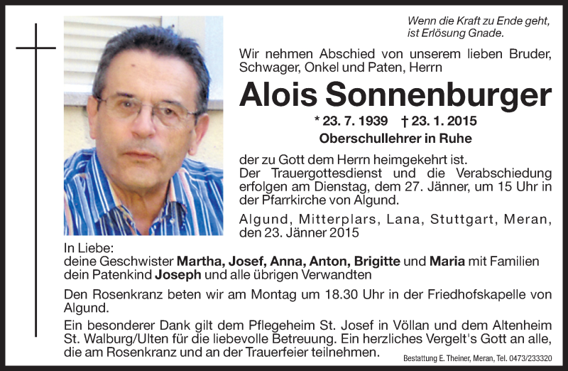  Traueranzeige für Alois Sonnenburger vom 26.01.2015 aus Dolomiten