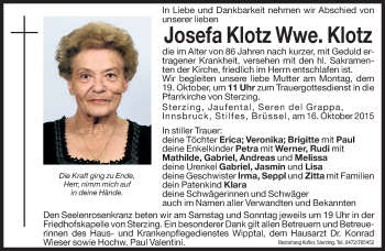 Traueranzeige von Josefa Klotz von Dolomiten