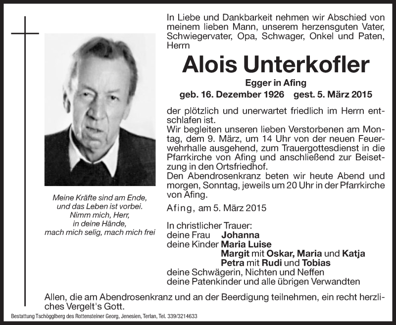  Traueranzeige für Alois Unterkofler vom 07.03.2015 aus Dolomiten