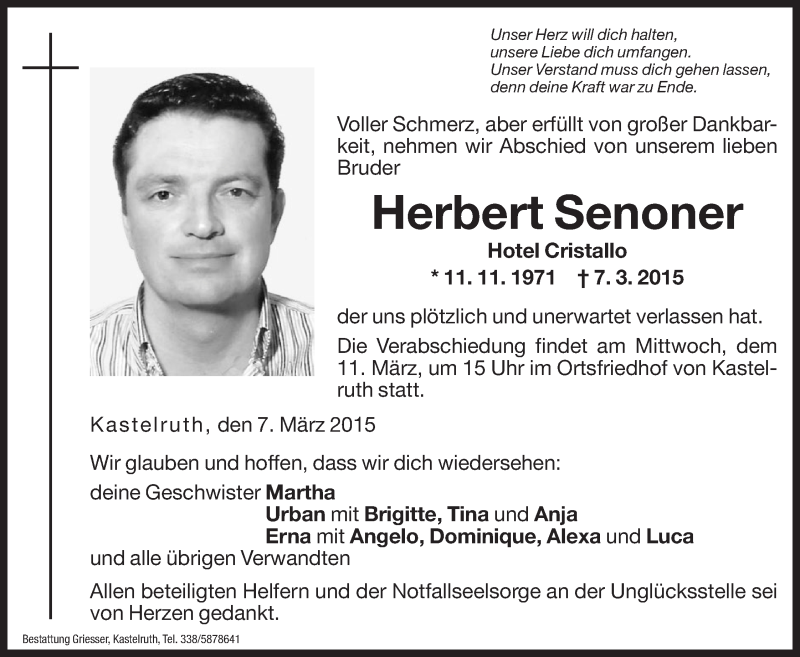  Traueranzeige für Herbert Senoner vom 10.03.2015 aus Dolomiten