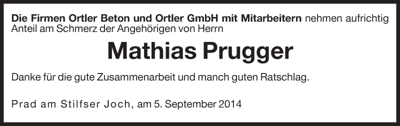  Traueranzeige für Mathias Prugger vom 05.09.2014 aus Dolomiten