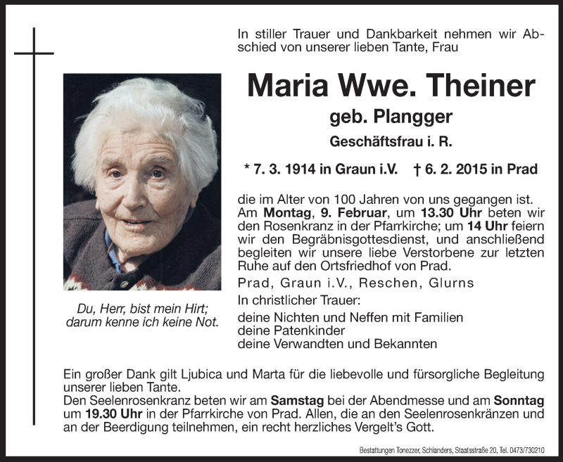  Traueranzeige für Maria Theiner vom 07.02.2015 aus Dolomiten