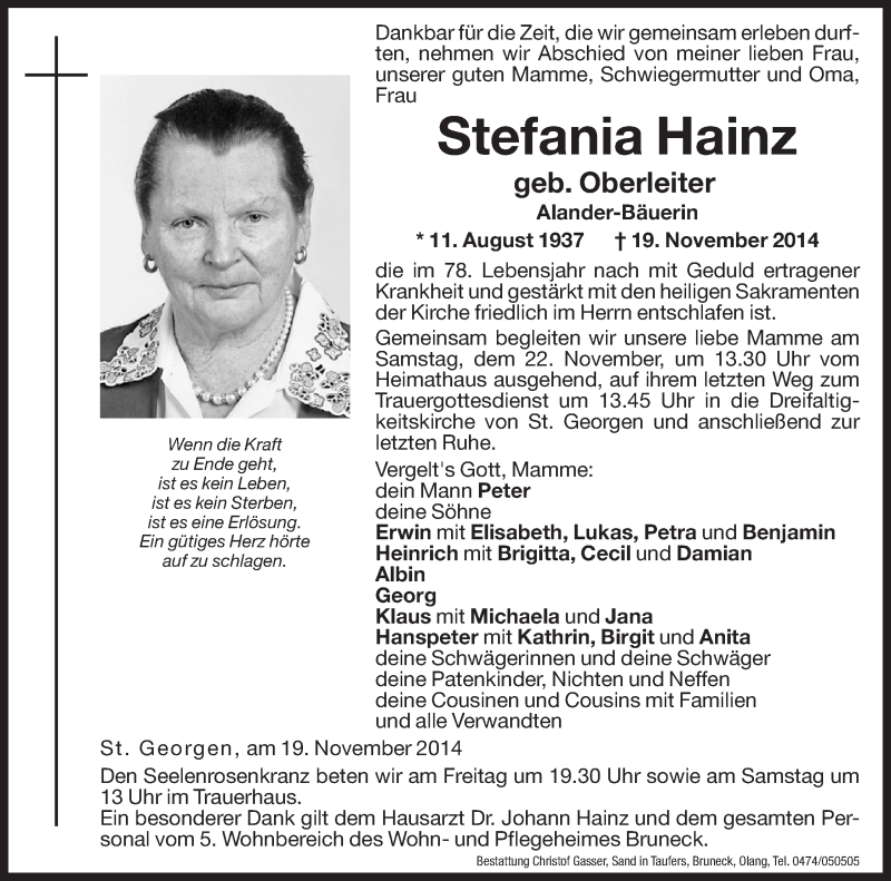  Traueranzeige für Stefania Hainz vom 21.11.2014 aus Dolomiten