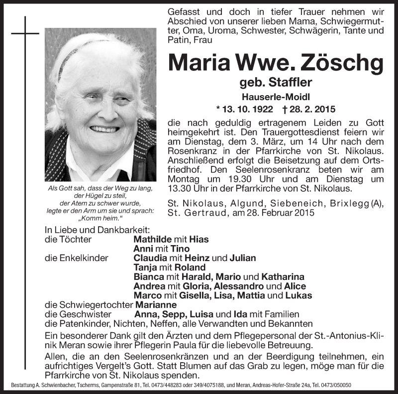  Traueranzeige für Maria Zöschg vom 02.03.2015 aus Dolomiten