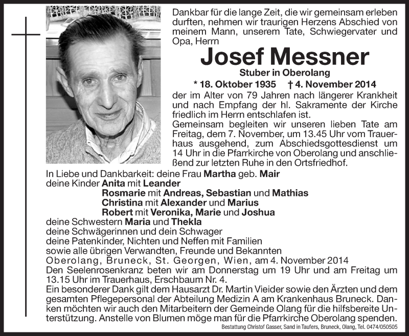  Traueranzeige für Josef Messner vom 06.11.2014 aus Dolomiten