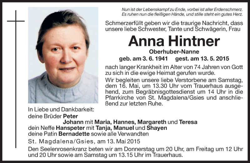  Traueranzeige für Anna Hintner vom 15.05.2015 aus Dolomiten