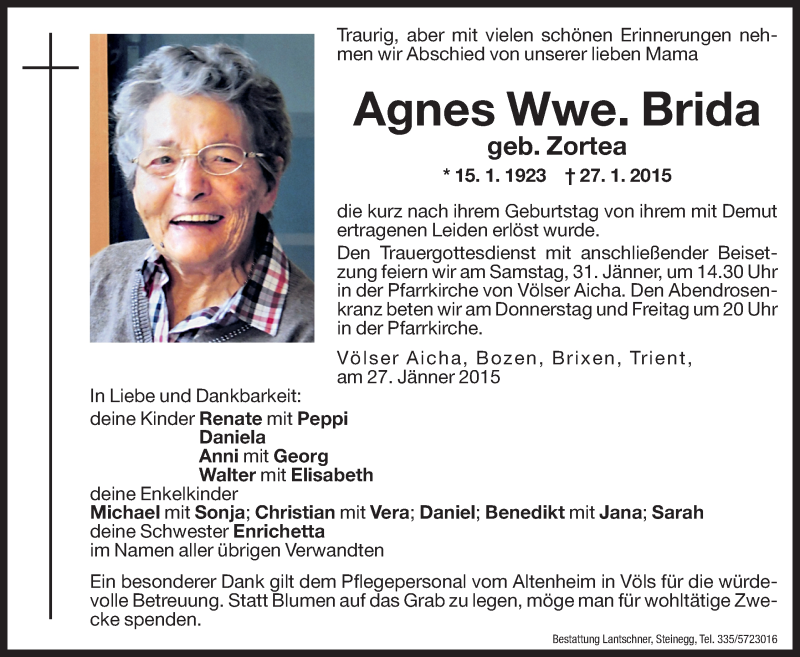  Traueranzeige für Agnes Brida vom 29.01.2015 aus Dolomiten