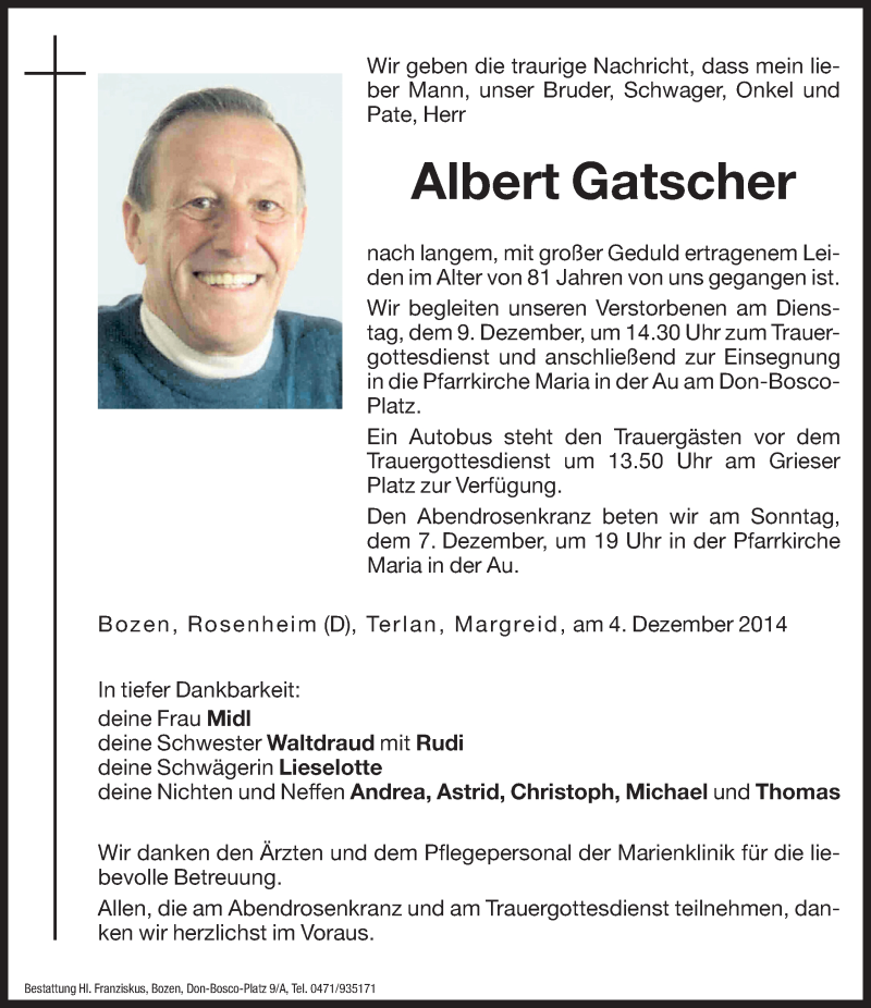  Traueranzeige für Albert Gatscher vom 06.12.2014 aus Dolomiten