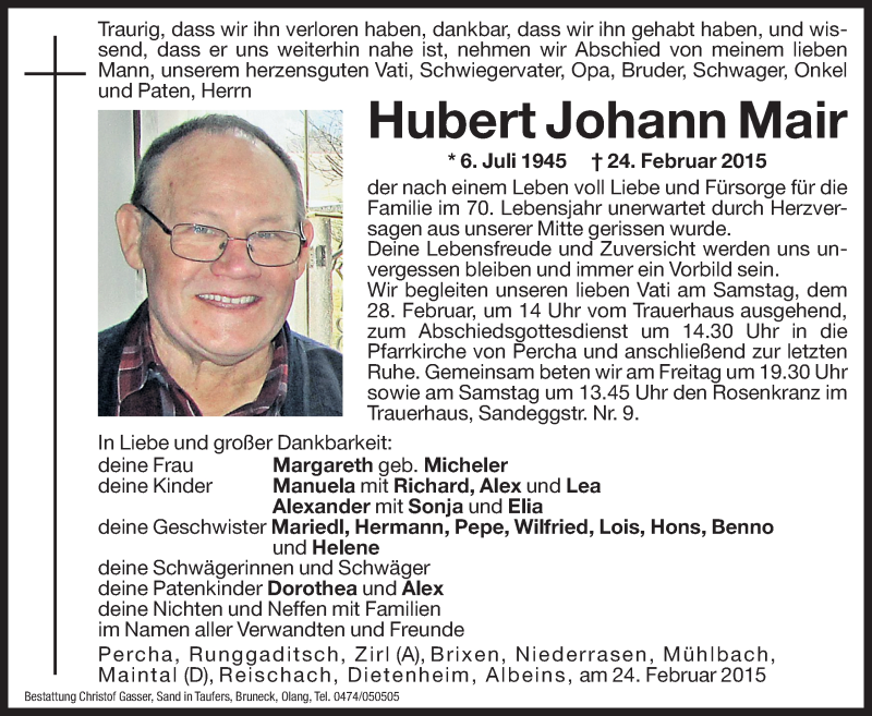  Traueranzeige für Hubert Johann Mair vom 27.02.2015 aus Dolomiten