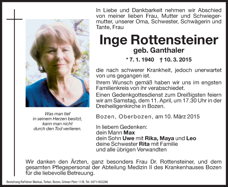  Traueranzeige für Inge Rottensteiner vom 13.03.2015 aus Dolomiten