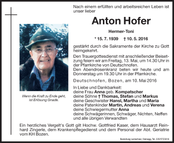 Traueranzeige von Anton Hofer von Dolomiten