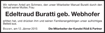 Traueranzeige von Edeltraud Buratti von Dolomiten