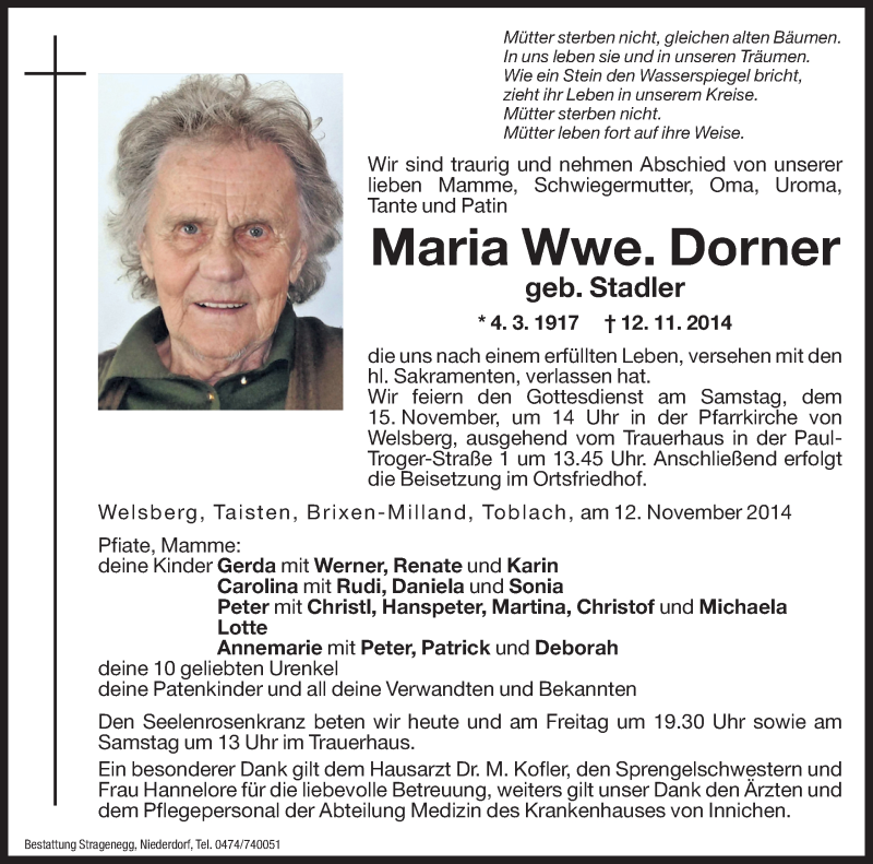  Traueranzeige für Maria Dorner vom 13.11.2014 aus Dolomiten