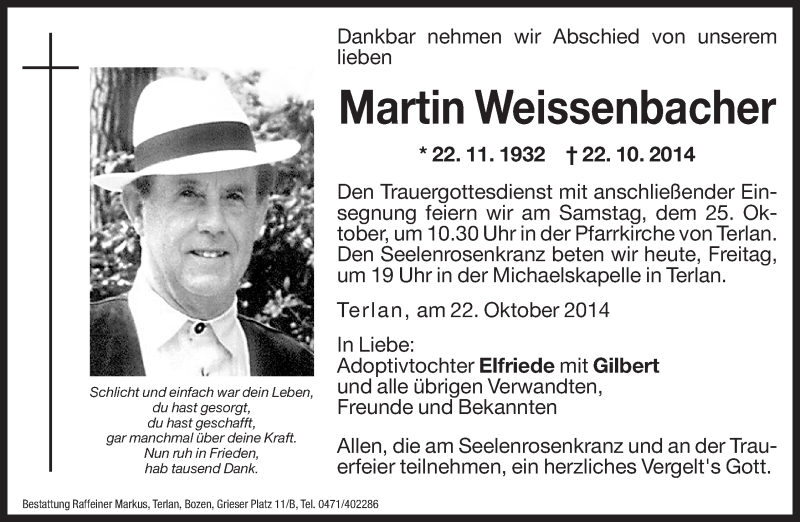  Traueranzeige für Martin Weissenbacher vom 24.10.2014 aus Dolomiten