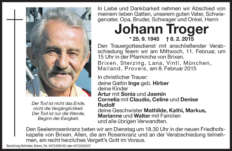  Traueranzeige für Johann Troger vom 10.02.2015 aus Dolomiten