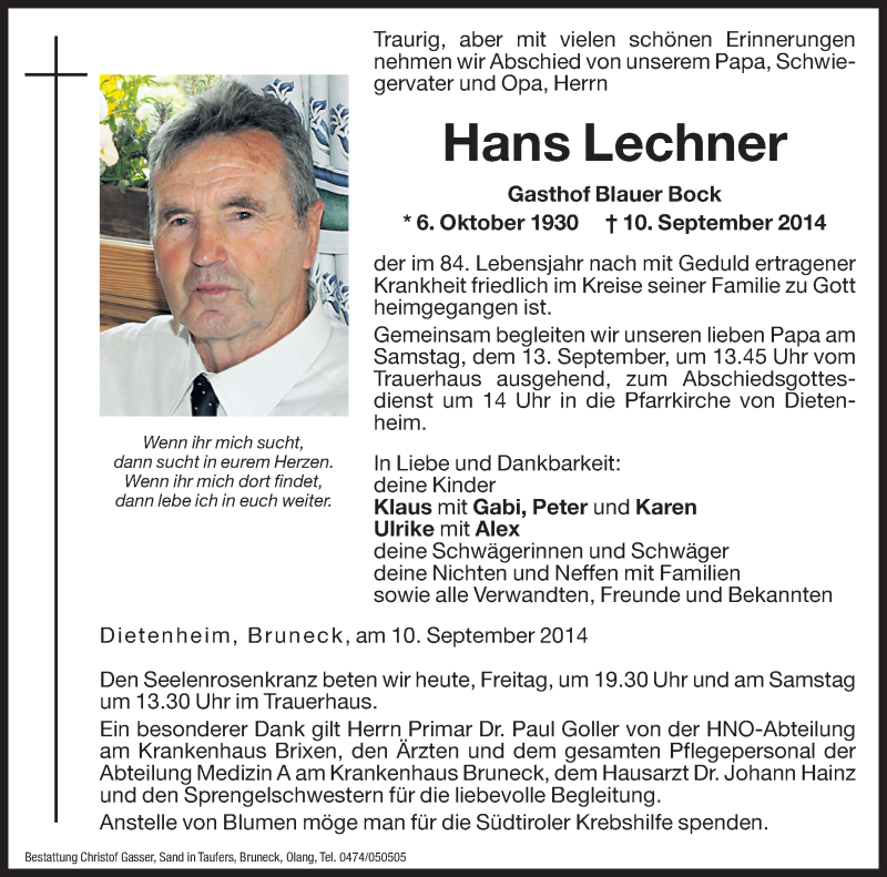  Traueranzeige für Hans Lechner vom 12.09.2014 aus Dolomiten