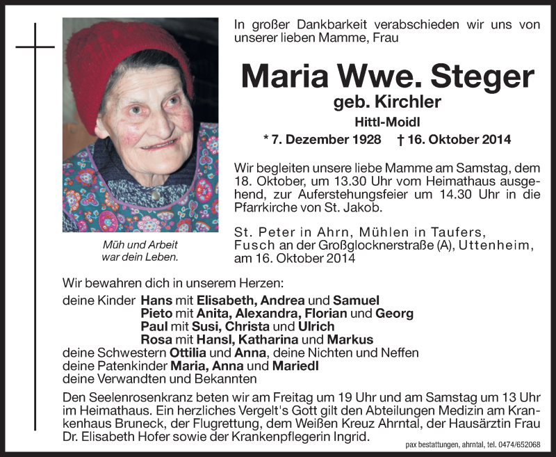  Traueranzeige für Maria Steger vom 17.10.2014 aus Dolomiten