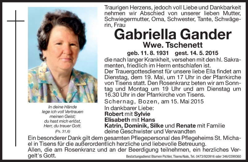  Traueranzeige für Gabriella Tschenett vom 16.05.2015 aus Dolomiten