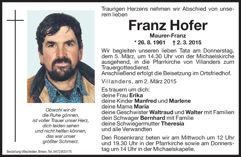  Traueranzeige für Franz Hofer vom 04.03.2015 aus Dolomiten